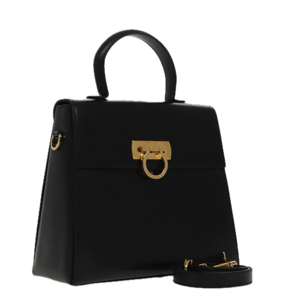 Salvatore Ferragamo Black Leather Top-Handle Shoulder Bag with Gold Hardware